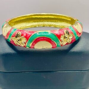 Enamel Cloisonné Gold-Tone Floral Bangle Clamper Bracelet. Pink Green Size 7